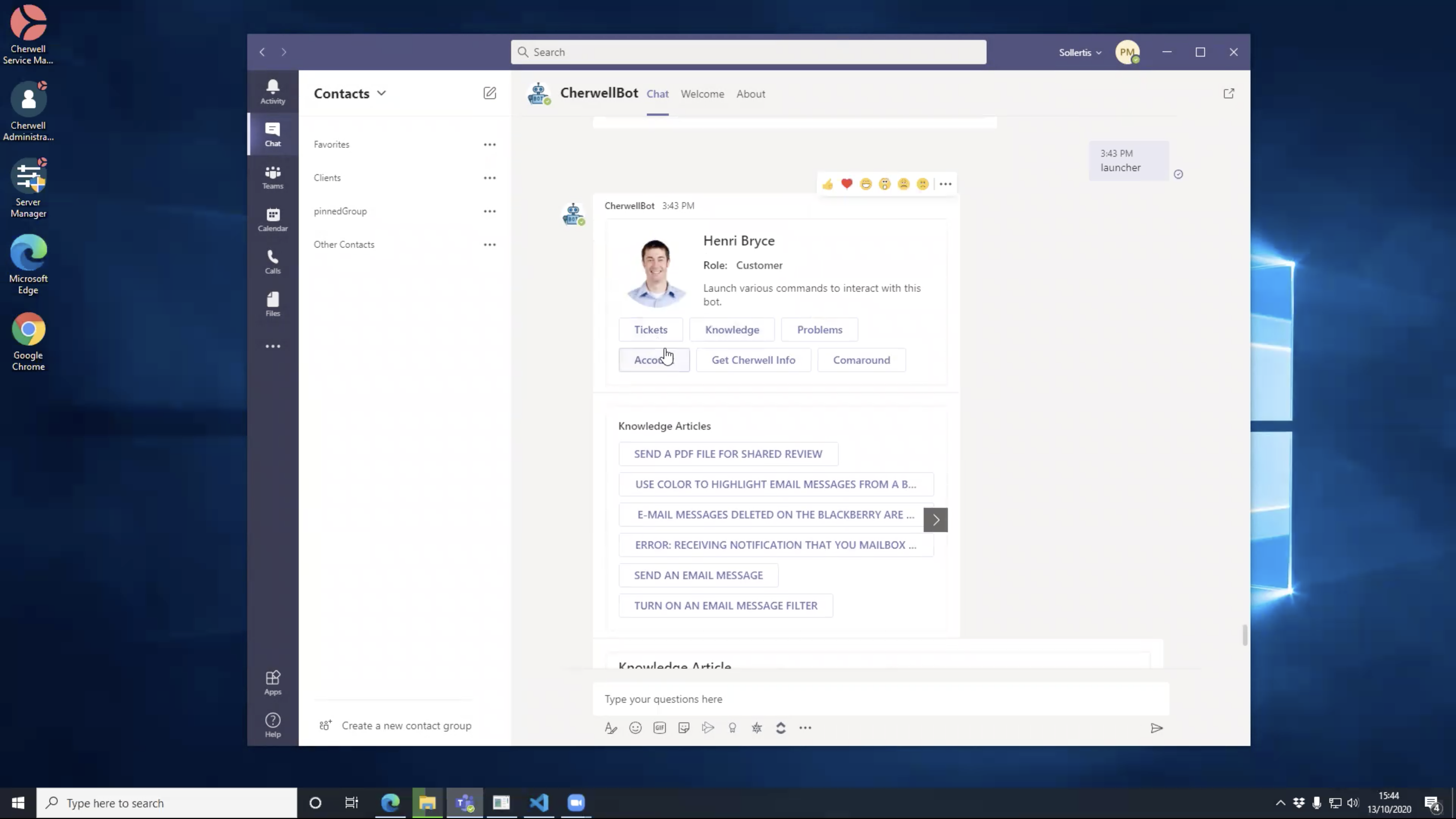 Microsoft Teams Chatbot for Cherwell Service Management